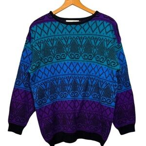 Alyssa Brooke II Women's Y2K Geometric Print Crewneck Pullover Sweater Size Lg